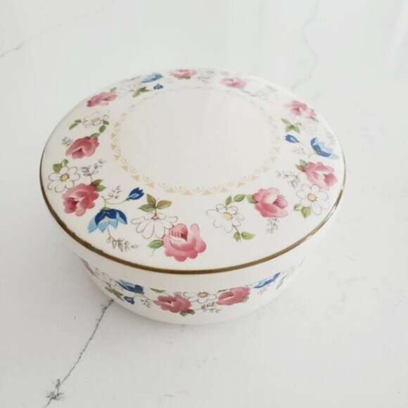 Vintage Korea Cottage Flower Country Round Lid Trinket Dish - Picture 2 of 7